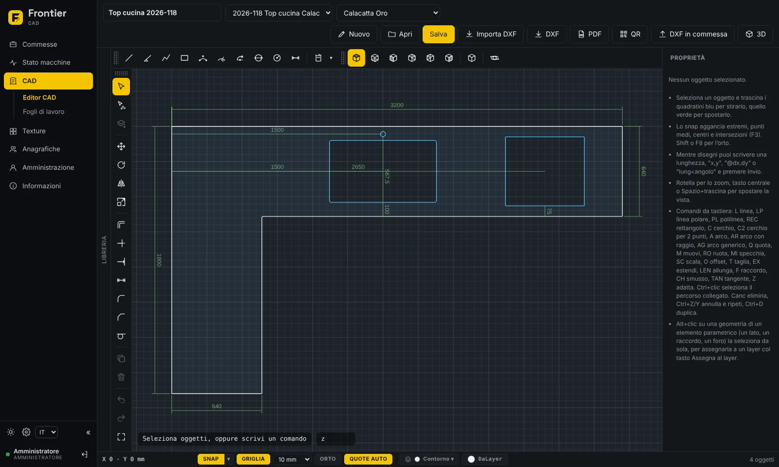 Disegno 2D quotato di un top a L con lavello sottotop e piano cottura nell'editor CAD di Frontier