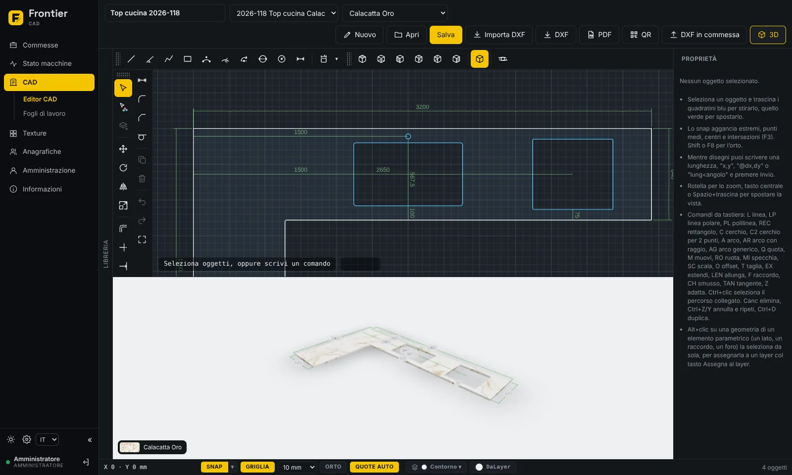 Editor CAD di Frontier con top a L in 2D e in 3D