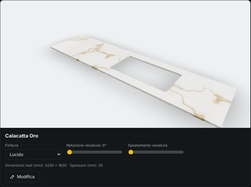 Anteprima 3D di un top in Calacatta Oro con foro del lavello nella libreria materiali di Frontier